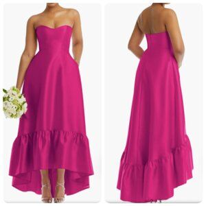 Alfred Sung Strapless Ruffle High-Low Satin Gown Size 8R in THINK PINK